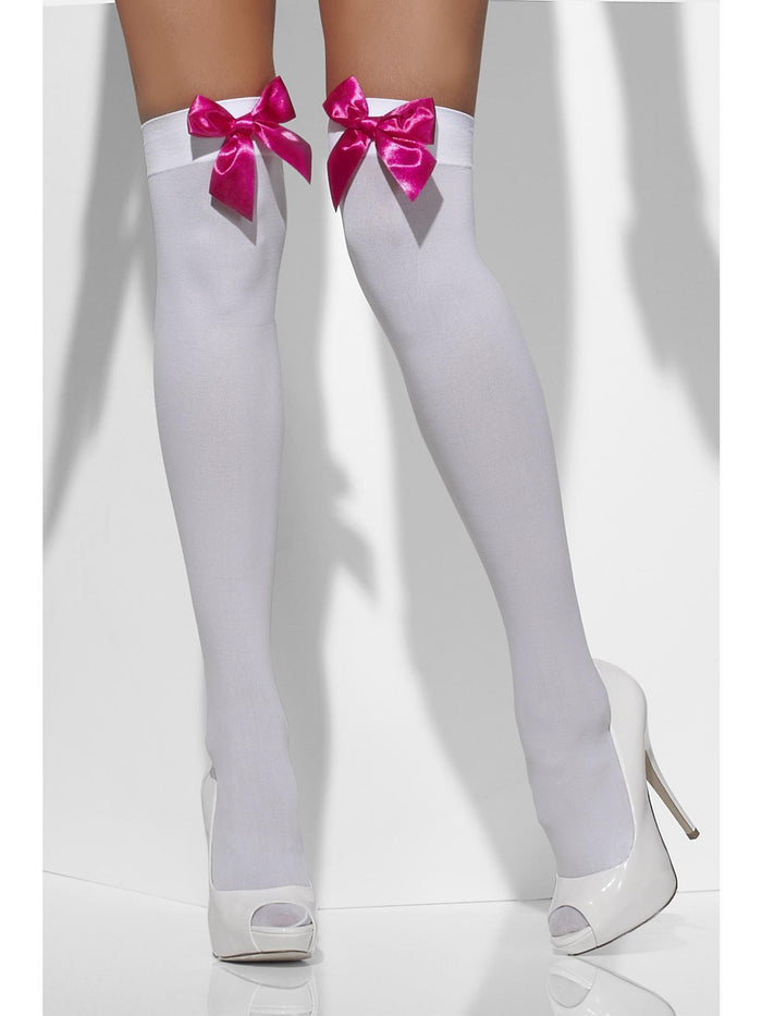 Opaque Hold-Ups, White, with Fuchsia Bows