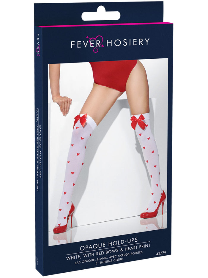 Opaque Hold-Ups, White, with Red Bows and Heart Print