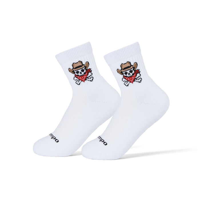 Del Campo Outlaw Crossbones golf socks worn on a pair of feet