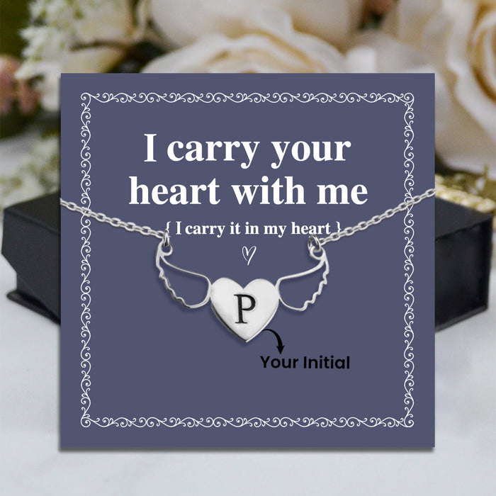 Personalized Initial Heart Necklace with Angel Wings