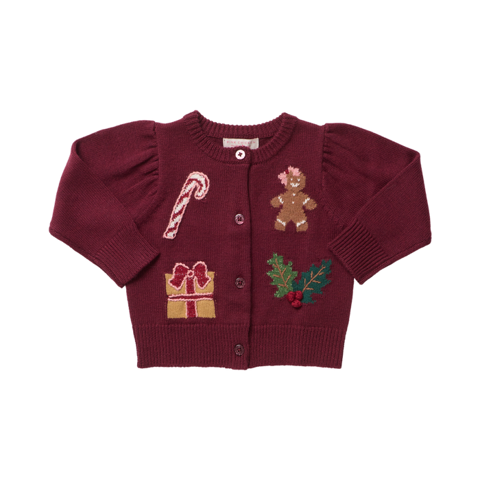 Pink Chicken Baby Girls Constance Sweater in Burgundy Holiday Patches