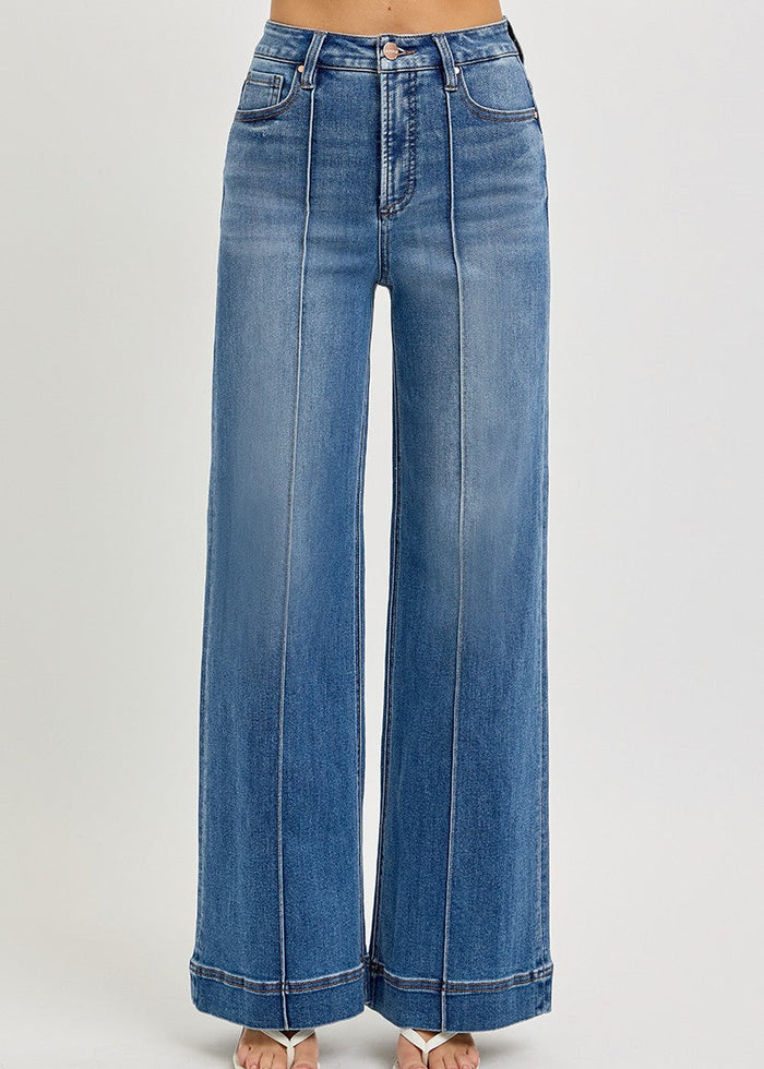 pintuck high rise denim blue jeans.
