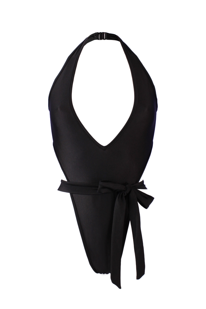 Plunge-Front Tie-Wrap One-Piece Swimsuit / VICKY SWIM BLACK - EXES LINGERIE
