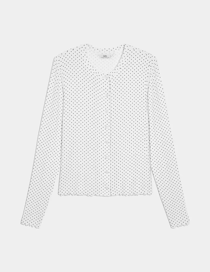 | Pointelle Cardigan shown front-facing against a light gray background | White with Black Polka Dot