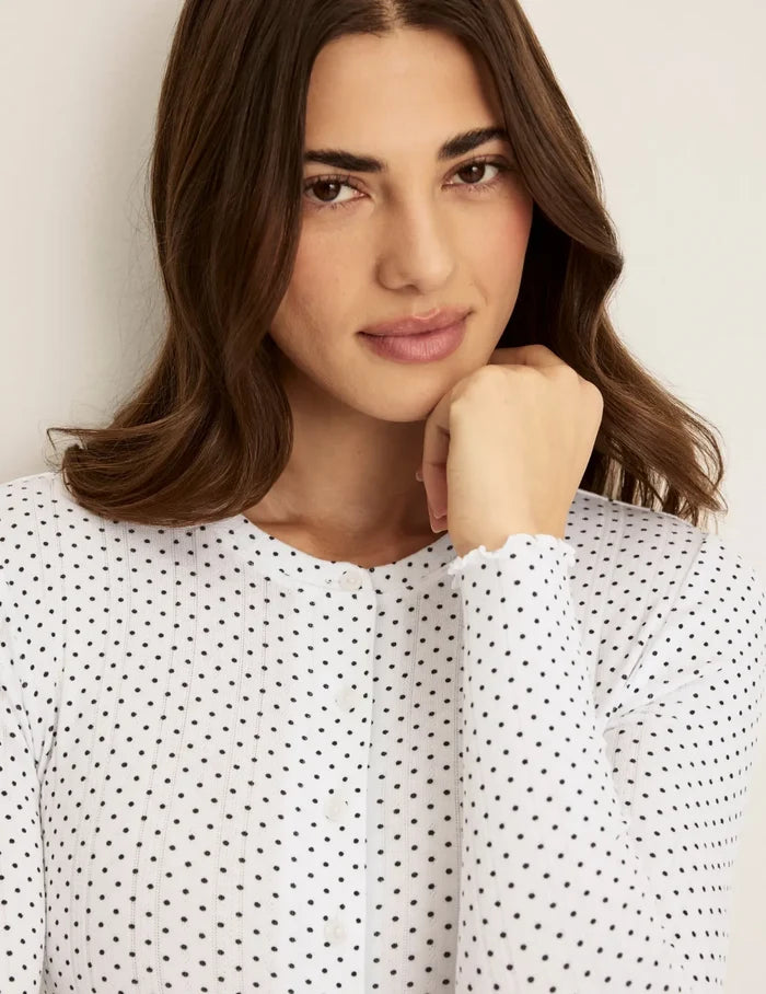 | Front view of model wearing the Pointelle Cardigan highlighting the coverage and fit | White with Black Polka Dot