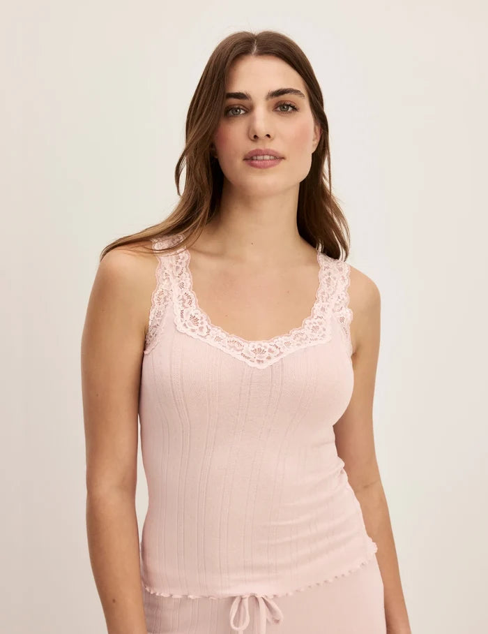 | Front view of model wearing the Pointelle Lace Tank highlighting the coverage and fit | Hush