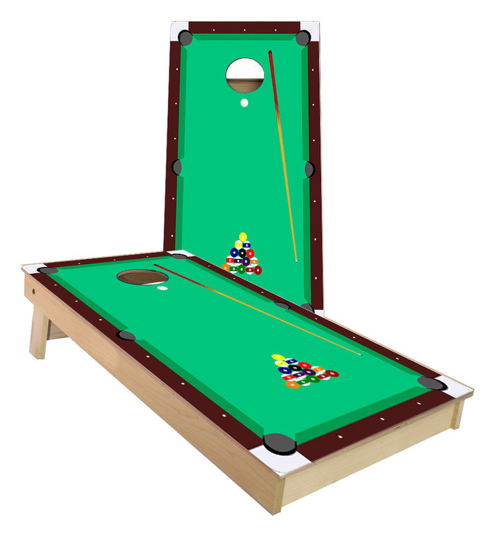 Pool Table Balls racked Cornhole Boards