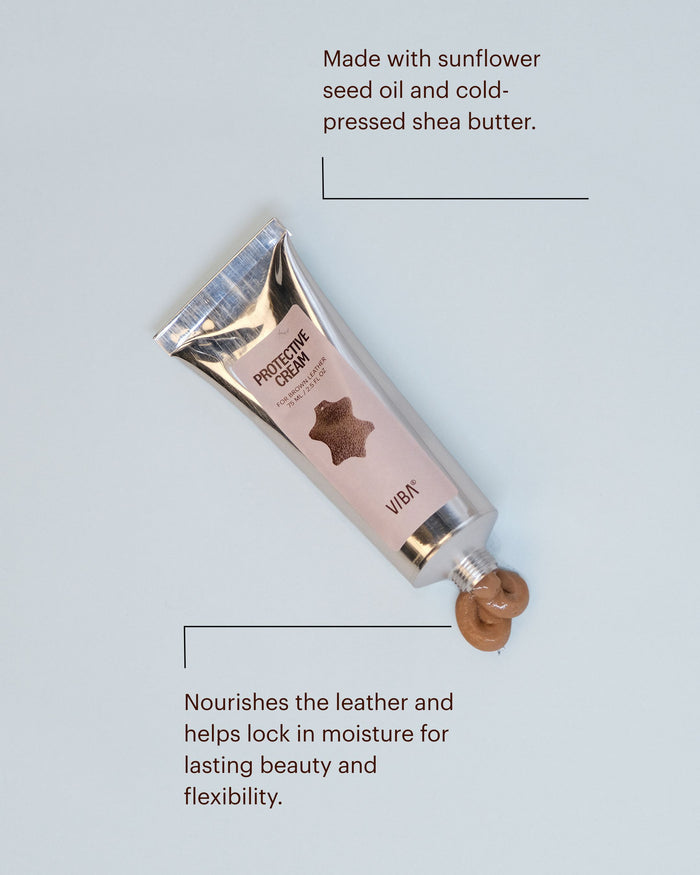Protective Cream Brown tube with gold cap and brown cream swatch displayed below.