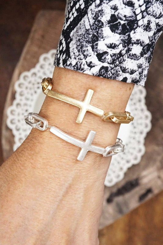 Sideways Cross bracelet worn gold silver tone stretch chain minimal style Minimal style cross Stretchy paper clip style chain Worn Silver or worn gold
