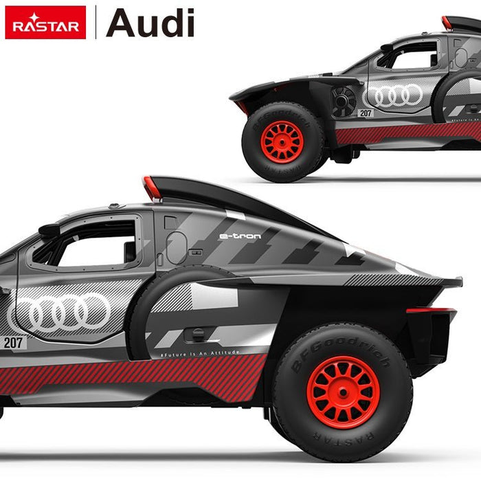 Rastar 1:14 Audi RS Q e-tron E2 RC car in grey and red rally livery shown in two side profile views — a lighter coloured variant above and a darker variant below — highlighting the e-tron badge, Audi rings, and BFGoodrich off-road tyres.