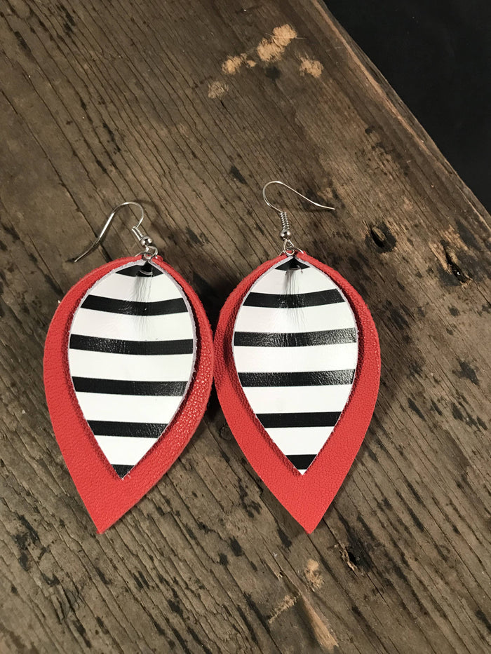 Red With Black and White Stripe Leather Earring