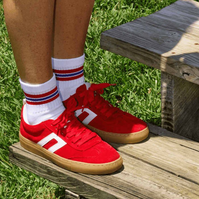 Del Campo Red/Blue Triple Stripe golf socks, lifestyle shot
