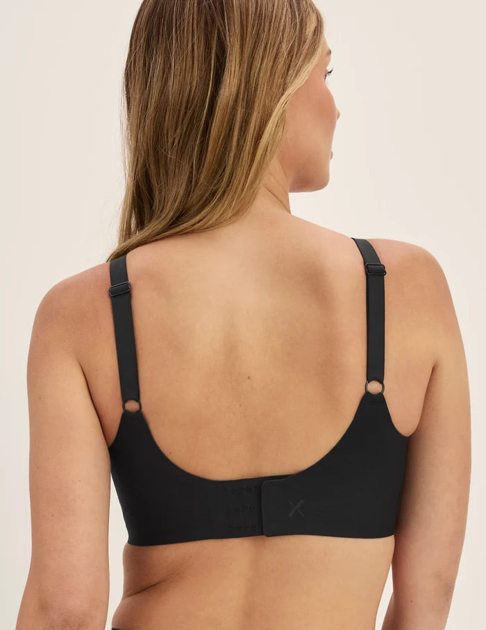 Megan is a 32E and wears a KNIX S+ | Back view of model wearing the Revolution Busty Bra, highlighting the neckline, strap design, and  silhouette | Black