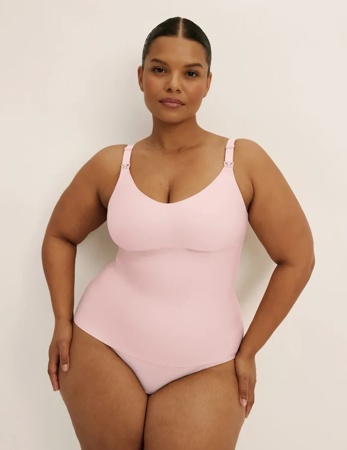 Leslie is a 38D and wearing KNIX XL+ | Front view of model wearing the Revolution Nursing Tank, highlighting the neckline, strap design, and smooth silhouette | Rose Water
