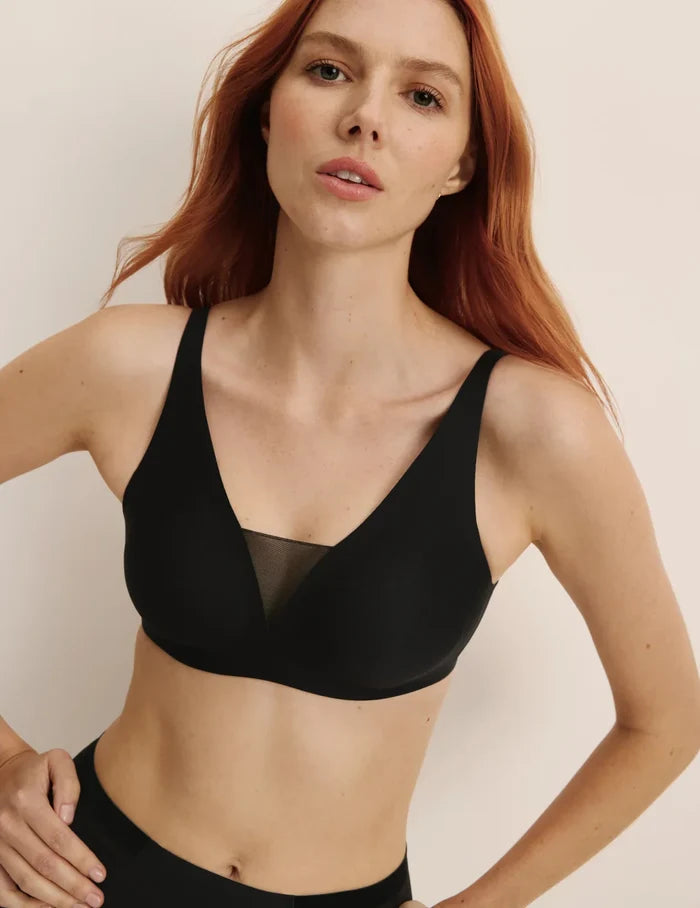 Molly is a 30B wearing KNIX XS | Front view of model wearing the Revolution Shadow Mesh Bra, highlighting the neckline, strap design, and  silhouette | Black