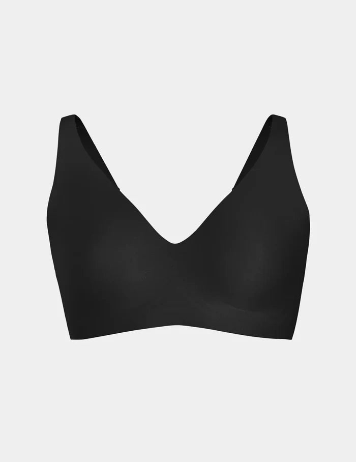 | Wireless bra with a V-neckline, adjustable straps, and smooth molded cups, shown front-facing against a light gray background | Black