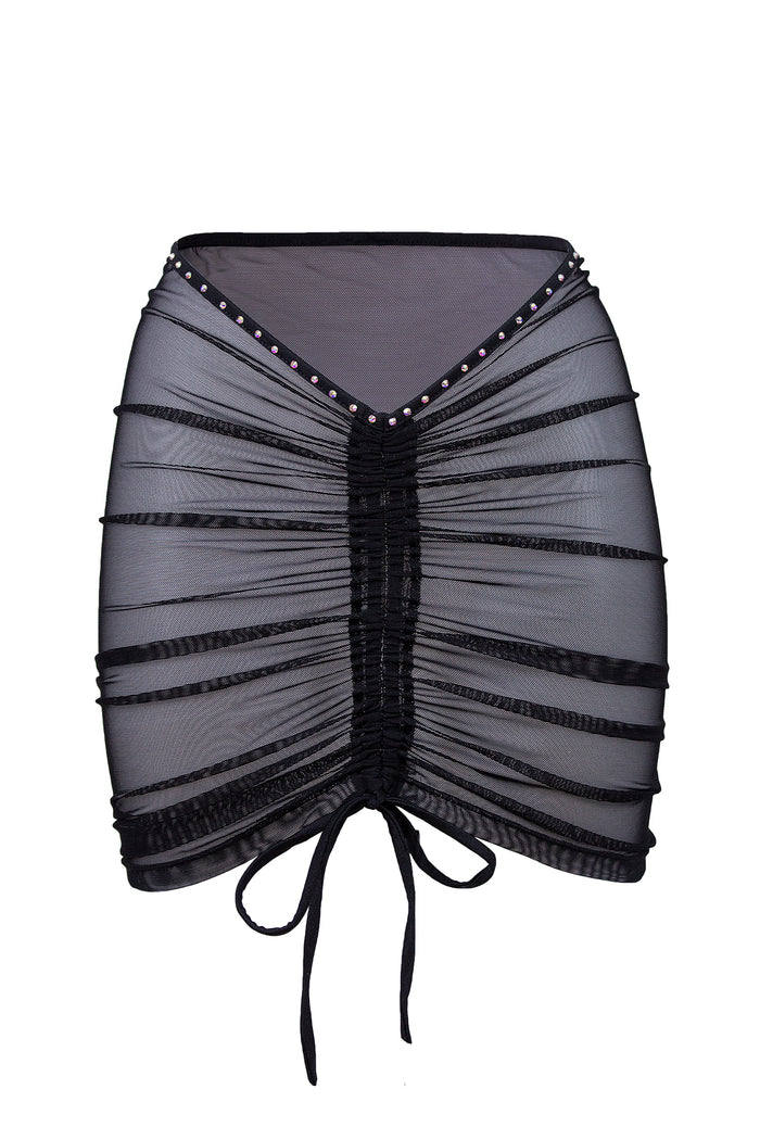 Rhinestone Mesh Skirt Cover-up / Drawstring Ruched Skirt / Crystals RUCHED BLACK,SKIRTS & PANTS - EXES LINGERIE