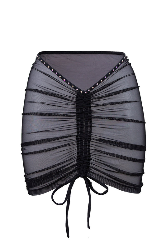 Rhinestone Mesh Skirt Cover-up / Drawstring Ruched Skirt / Crystals RUCHED BLACK,SKIRTS & PANTS - EXES LINGERIE