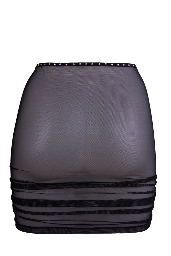 Rhinestone Mesh Skirt Cover-up / Drawstring Ruched Skirt / Crystals RUCHED BLACK,SKIRTS & PANTS - EXES LINGERIE
