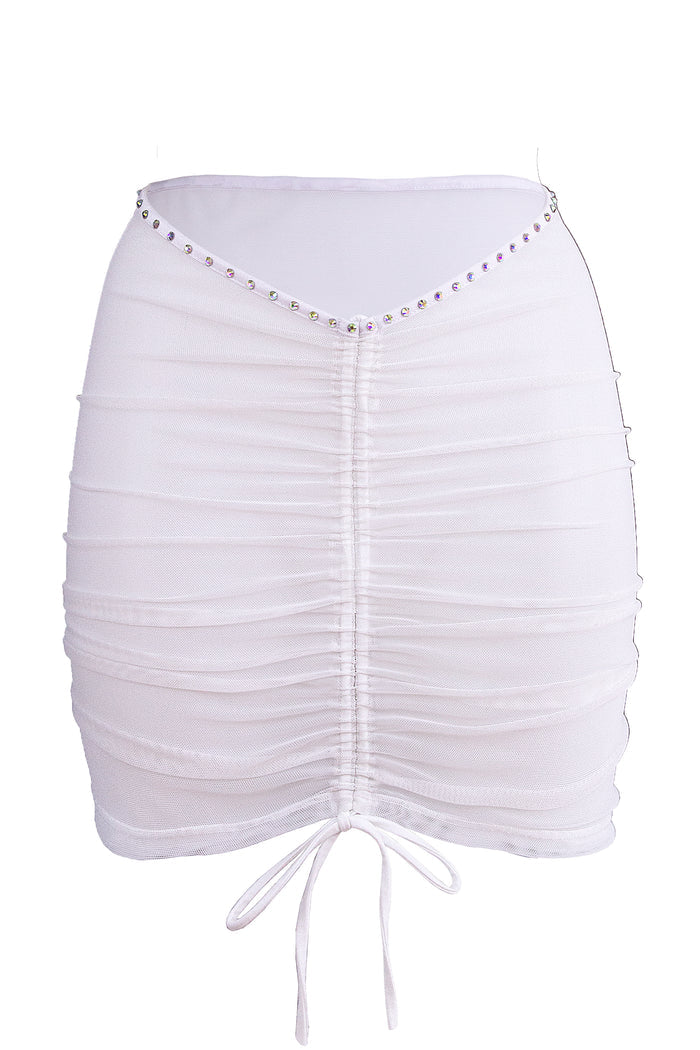 Rhinestones Mesh Skirt Cover-up / Drawstring front Ruched Skirt / Crystals RUCHED WHITE,SKIRTS & PANTS - EXES LINGERIE