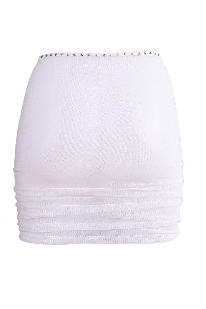 Rhinestones Mesh Skirt Cover-up / Drawstring front Ruched Skirt / Crystals RUCHED WHITE,SKIRTS & PANTS - EXES LINGERIE