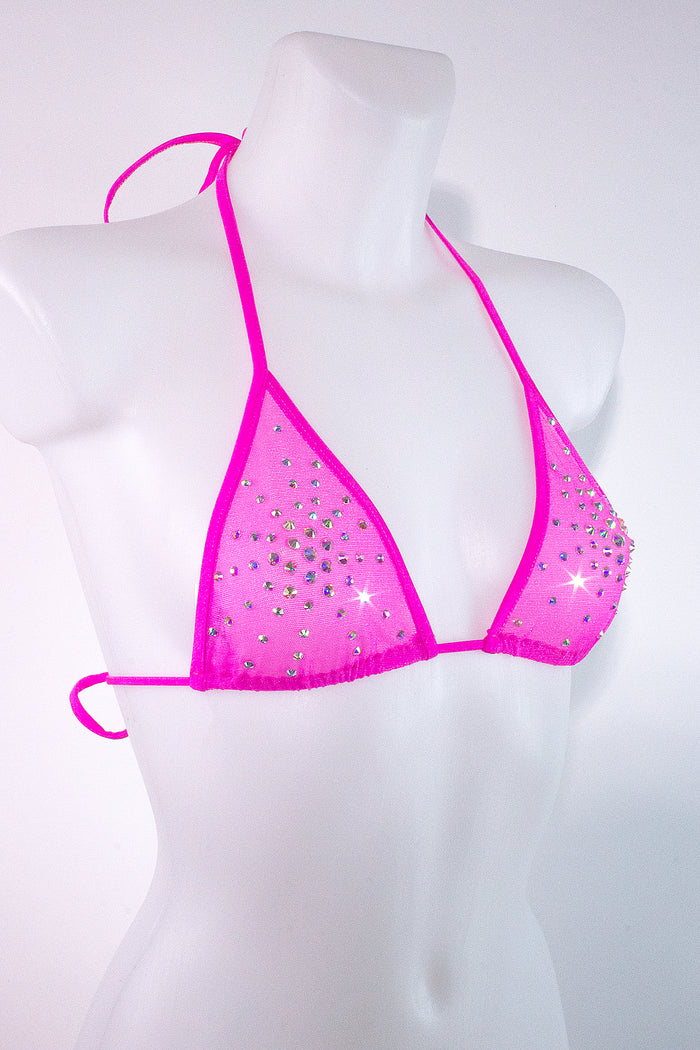 Rhinestones Triangle Bikini Top  / TOP ISA CRYSTALS NEON PINK,TOPS - EXES LINGERIE