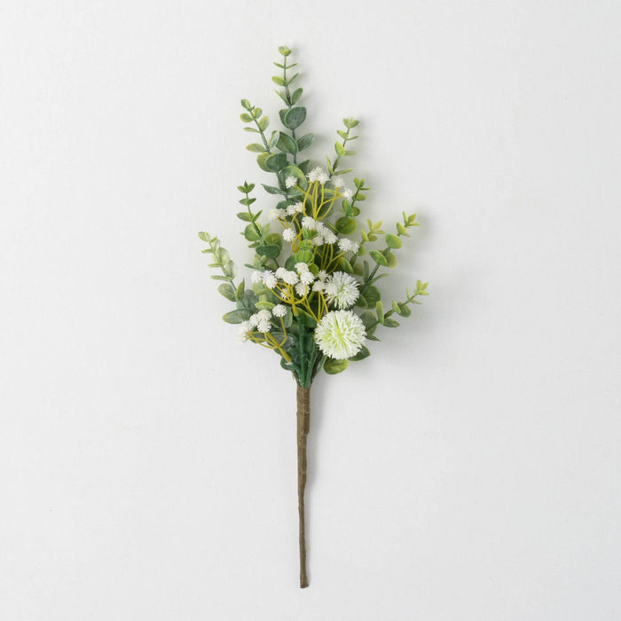 this spray of eucalyptus has white flowers with varying green colors of the leaves. Average 8 inches across and 19 inches tall/long