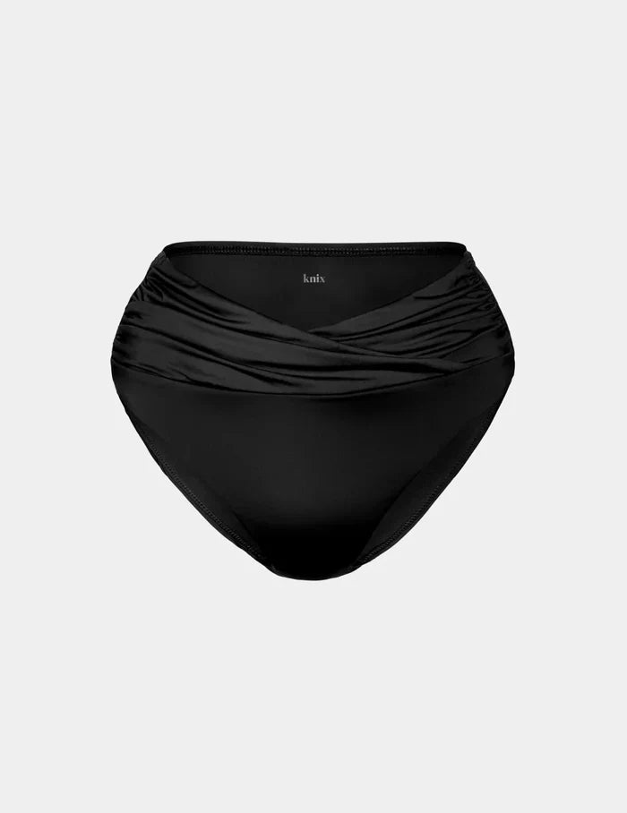 | Sculpt Ruched Bikini Swim Bottom shown front-facing against a light gray background | Black