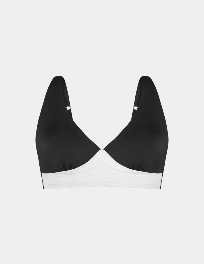 | Ruched Deep V Bikini Top shown front-facing against a light gray background | Black/White