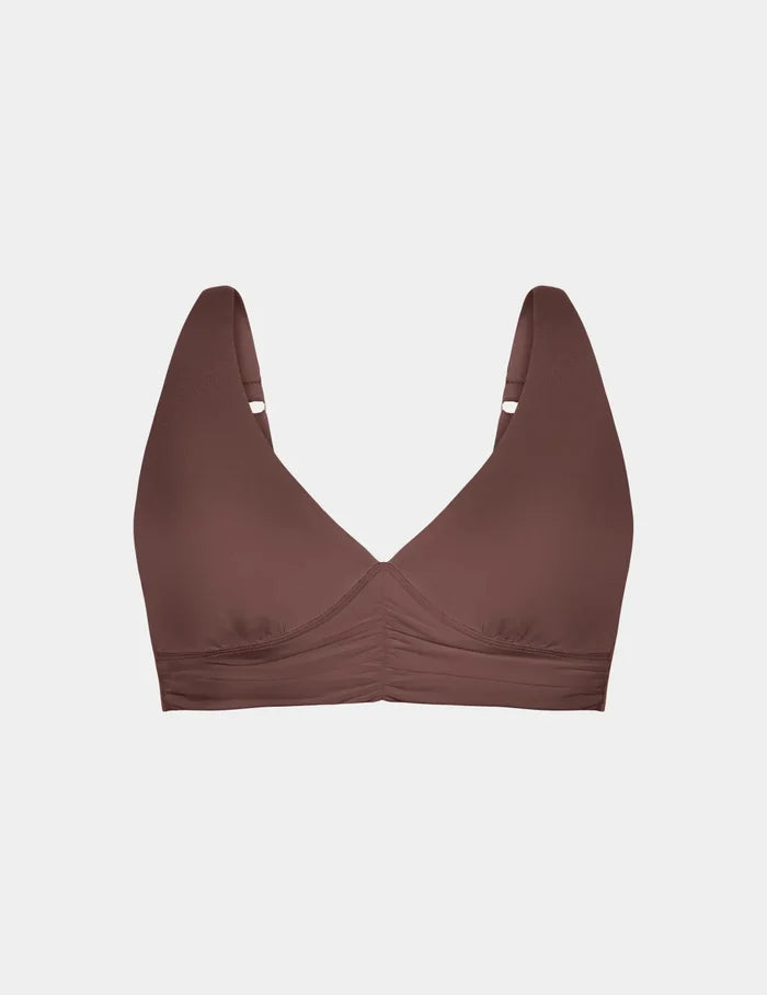 | Ruched Deep V Bikini Top shown front-facing against a light gray background | Espresso