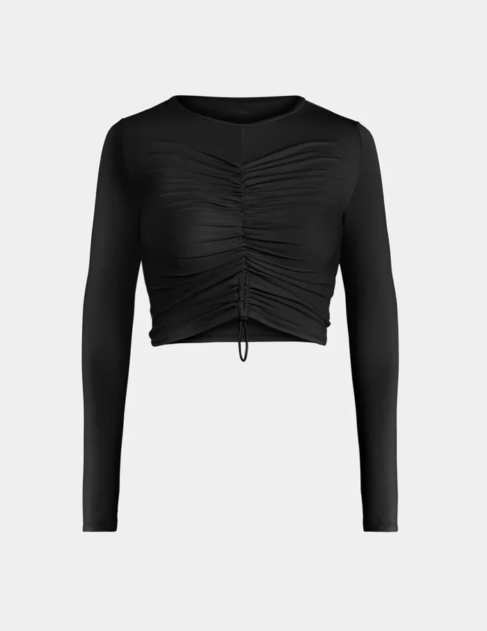 | Ruched Long Sleeve Swim Top shown front-facing against a light gray background | Black