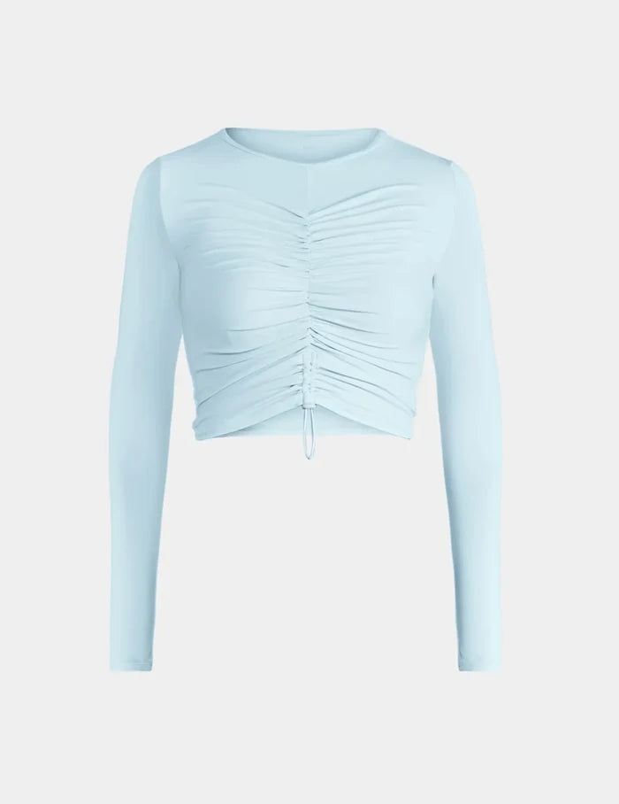 | Ruched Long Sleeve Swim Top shown front-facing against a light gray background | Blue Ice