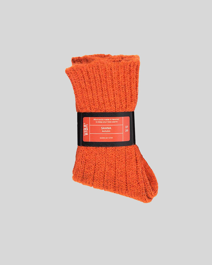 Orange knit wool socks with black band label and size 37-39 marking.