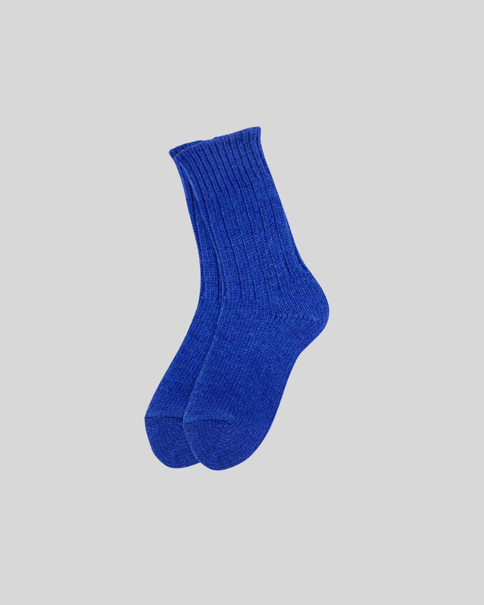 Bright blue ribbed crew socks with cushioned sole and cuff against neutral background.