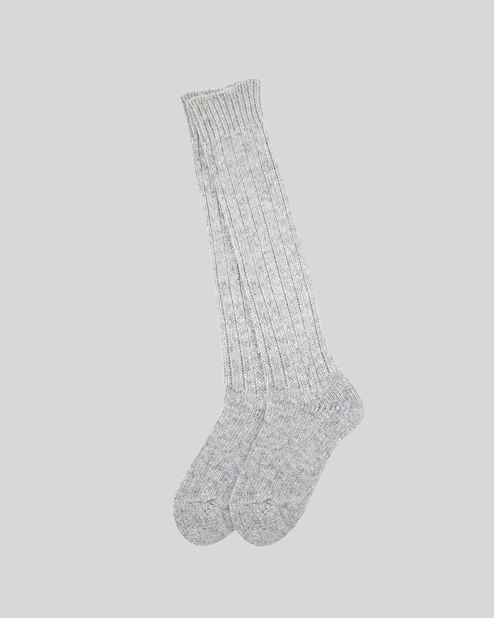 Light gray ribbed knee-high socks with a textured knit pattern.