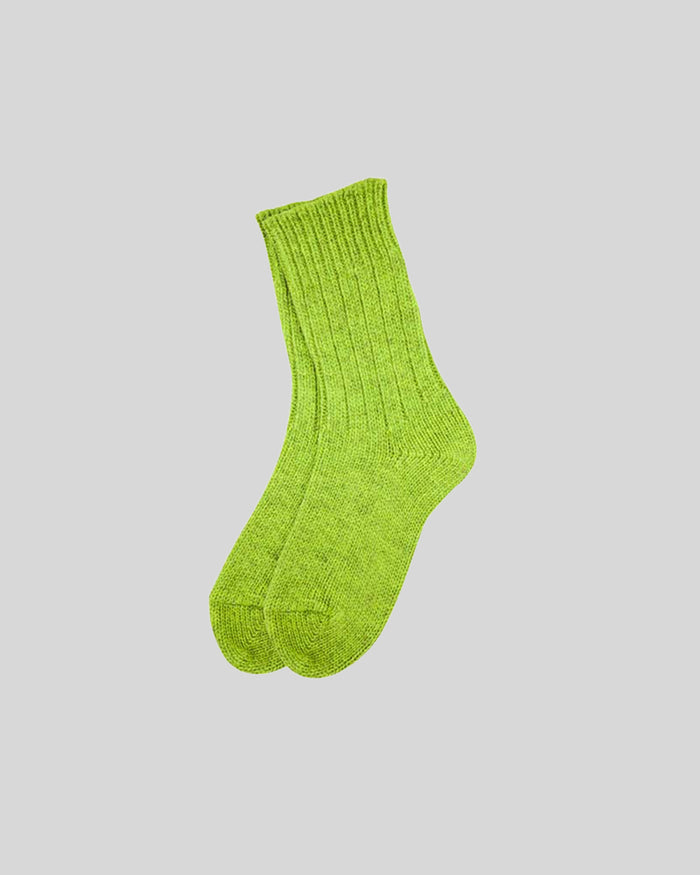 Lime green ribbed crew socks with textured knit fabric and reinforced heel and toe.