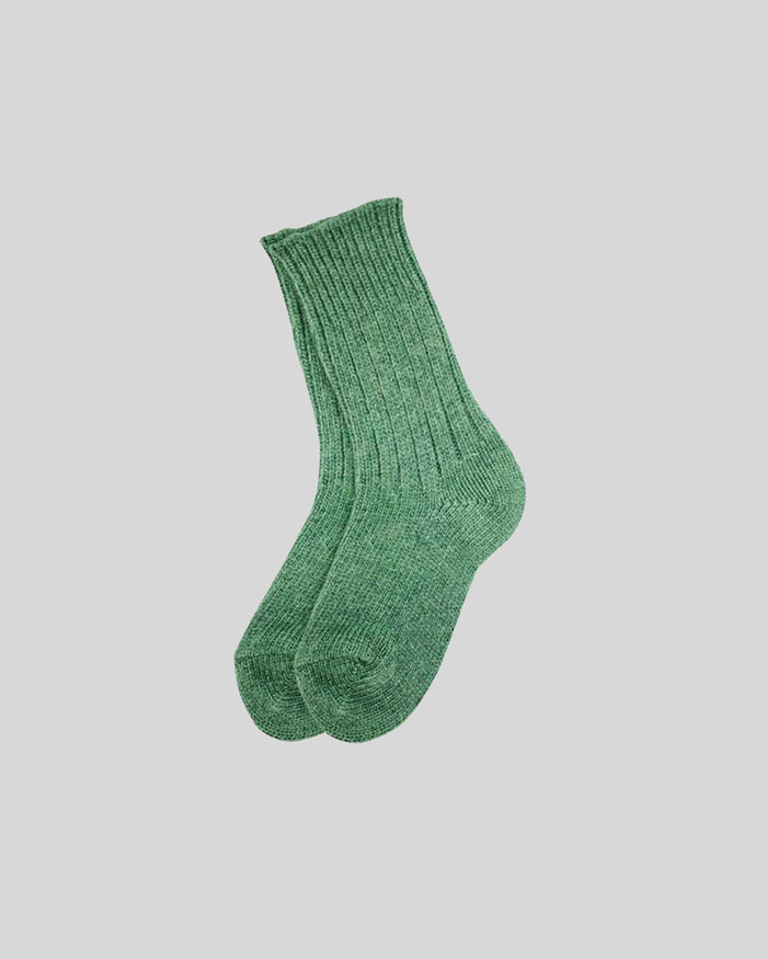 Moss green ribbed crew socks with textured knit pattern displayed on neutral background.