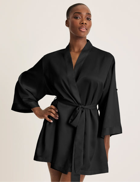 | Front view of model wearing the Satin Robe highlighting the coverage and fit | Black