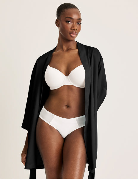 | Front view of model wearing the Satin Robe highlighting the coverage and fit | Black