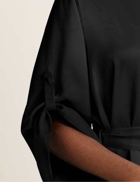 | Front view of model wearing the Satin Robe highlighting the coverage and fit | Black