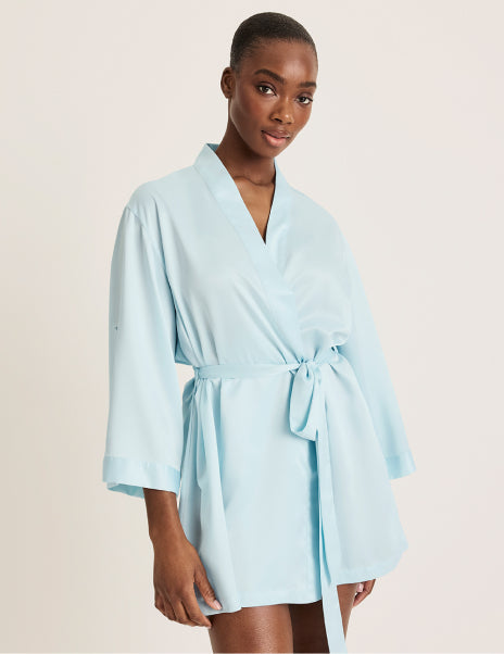 | Front view of model wearing the Satin Robe highlighting the coverage and fit | Blue Light