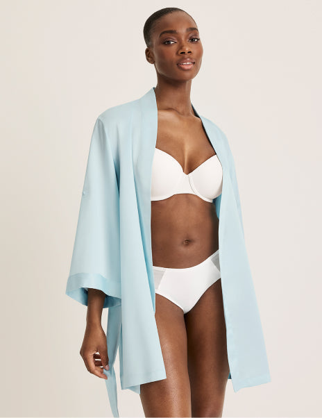 | Front view of model wearing the Satin Robe highlighting the coverage and fit | Blue Light