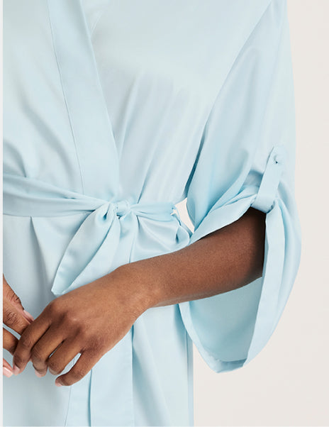 | Front view of model wearing the Satin Robe highlighting the coverage and fit | Blue Light