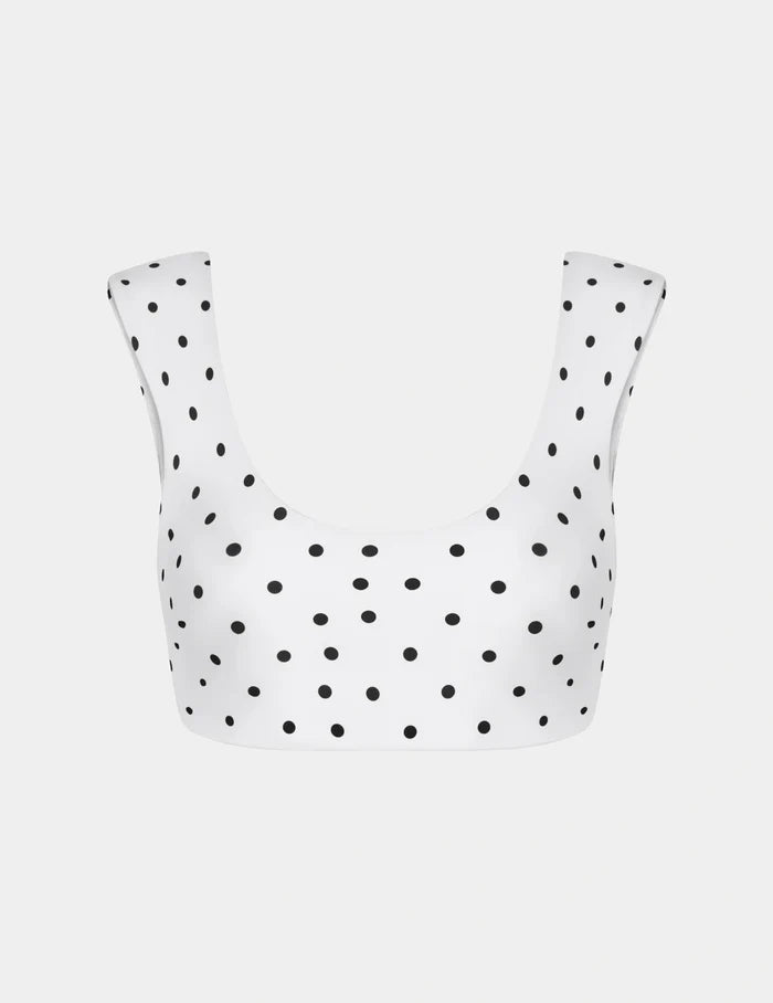 | Sculpt Cap Sleeve Bikini Top shown front-facing against a light gray background | White with Black Polka Dot