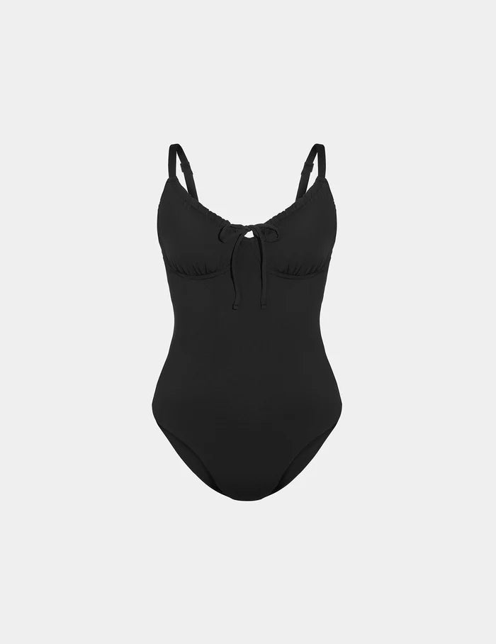 | Sculpt Front Tie One Piece Swimsuit shown front-facing against a light gray background | Black