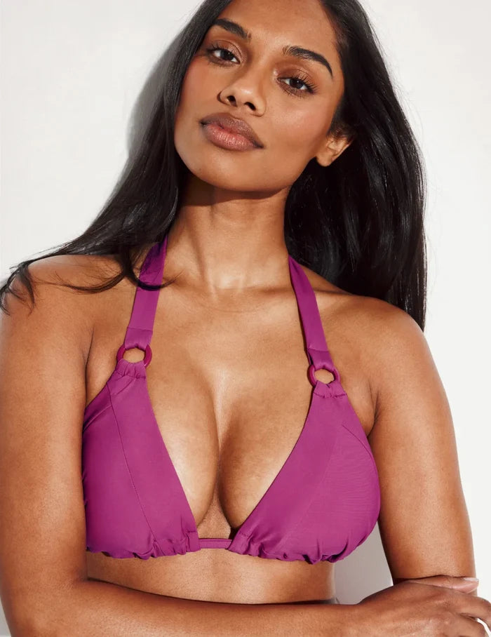 Jay is a 30E wearing KNIX S+ | Front view of model wearing the Sculpt Full Bust Bikini Top, highlighting the neckline, strap design, and silhouette | Deep Orchid