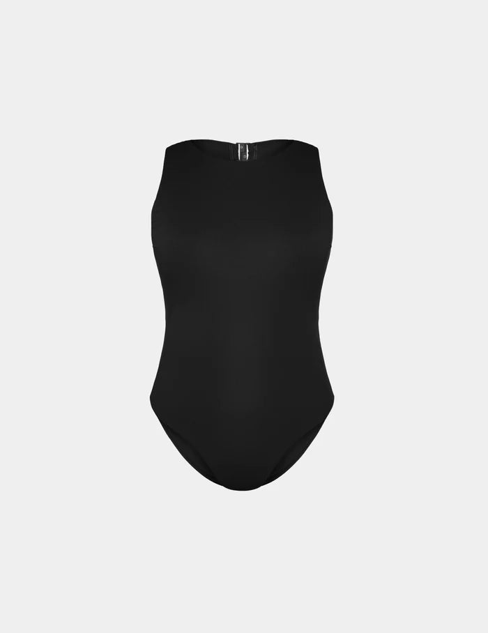 | Sculpt High Neck One Piece Swimsuit shown front-facing against a light gray background | Black