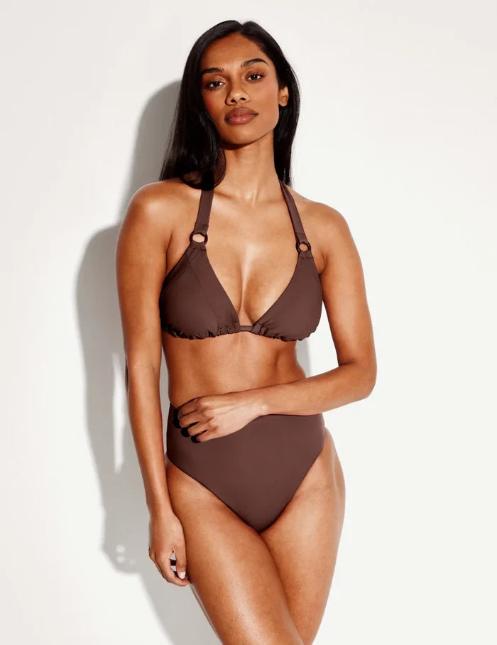 | Front view of model wearing the Sculpt High Rise Bikini Swim Bottom highlighting the coverage and fit | Espresso