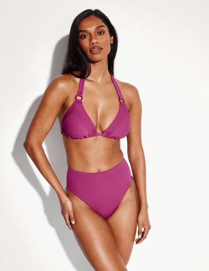 | Front view of model wearing the Sculpt High Rise Bikini Swim Bottom highlighting the coverage and fit | Deep Orchid