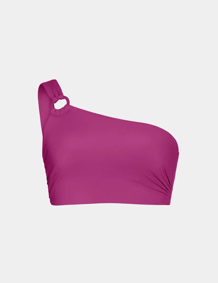 | Front view of model wearing the Sculpt One Shoulder Bikini Top, highlighting the neckline, strap design, and smooth silhouette | Deep Orchid